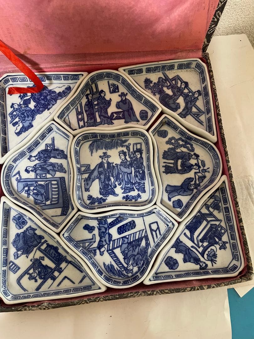 中国古美術　染付　青花小皿　アンティーク　 9点セット　元箱付