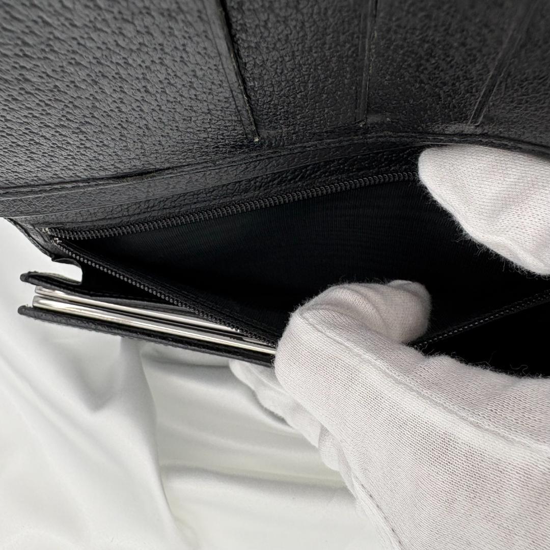 【美品】GUCCI グッチ三つ折り財布 GGキャンバス ブラック レザー がま口