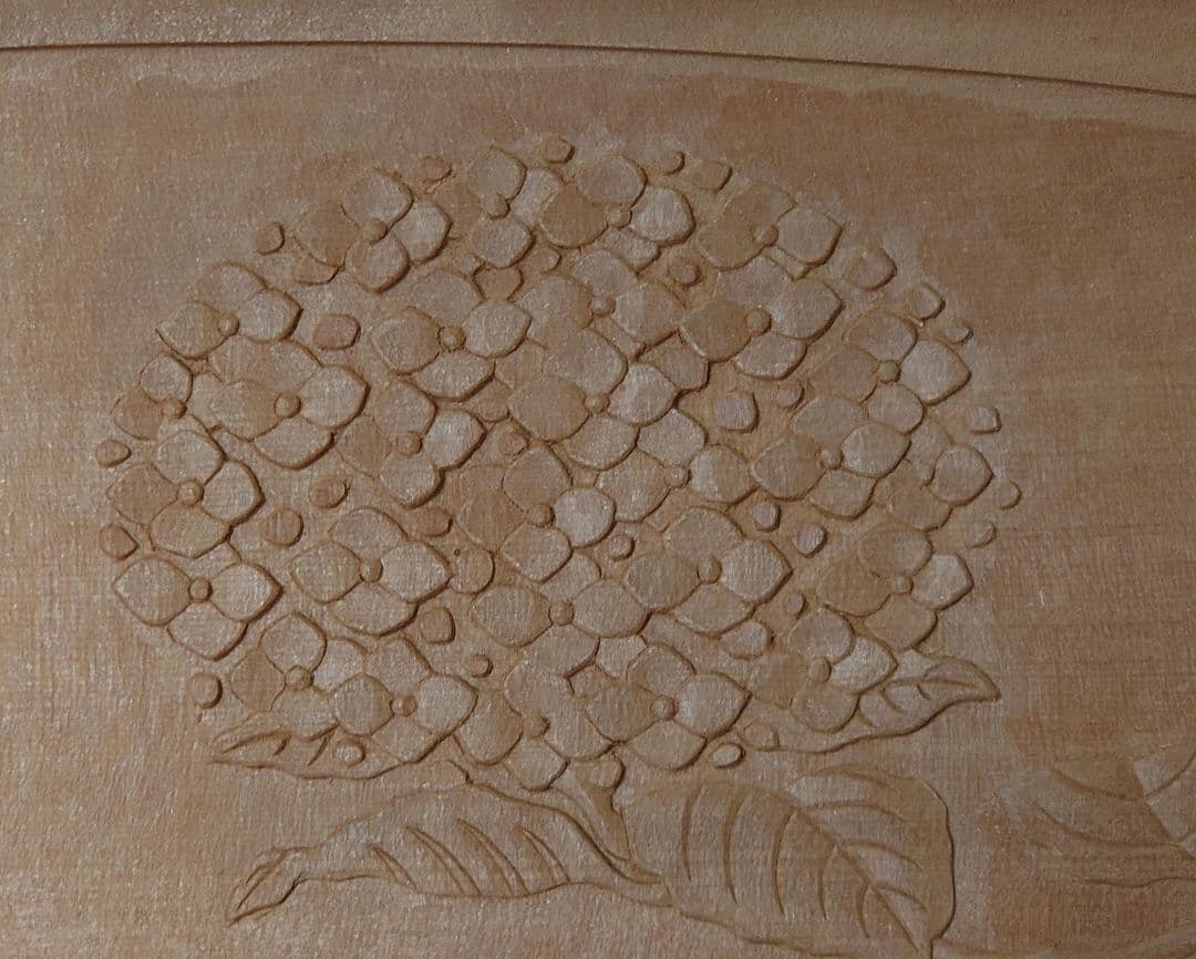 鎌倉彫　桂　木地　木瓜盆 紫陽花文　彫刻 会席盆