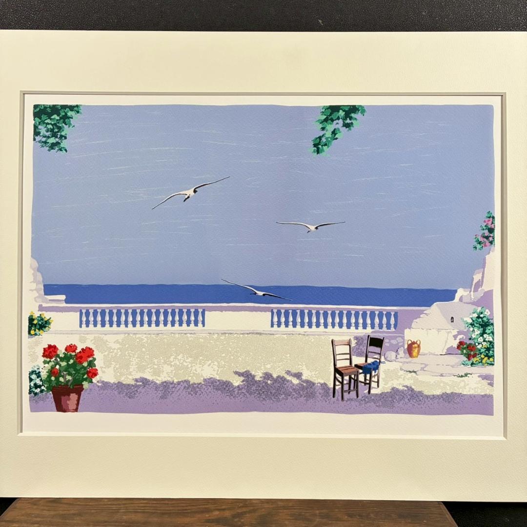 サルボ「エーゲ海 パノラマ」ミクストメディア 直筆サイン入 額装 イタリアの画家