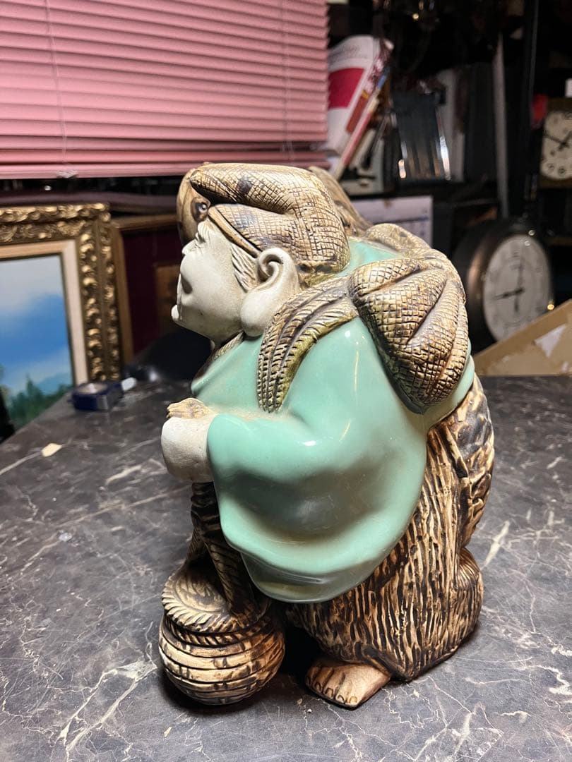 大黒天大黒様 恵比寿様、 明治時代の青磁 貴重な1対 七福神　 青磁 陶器製