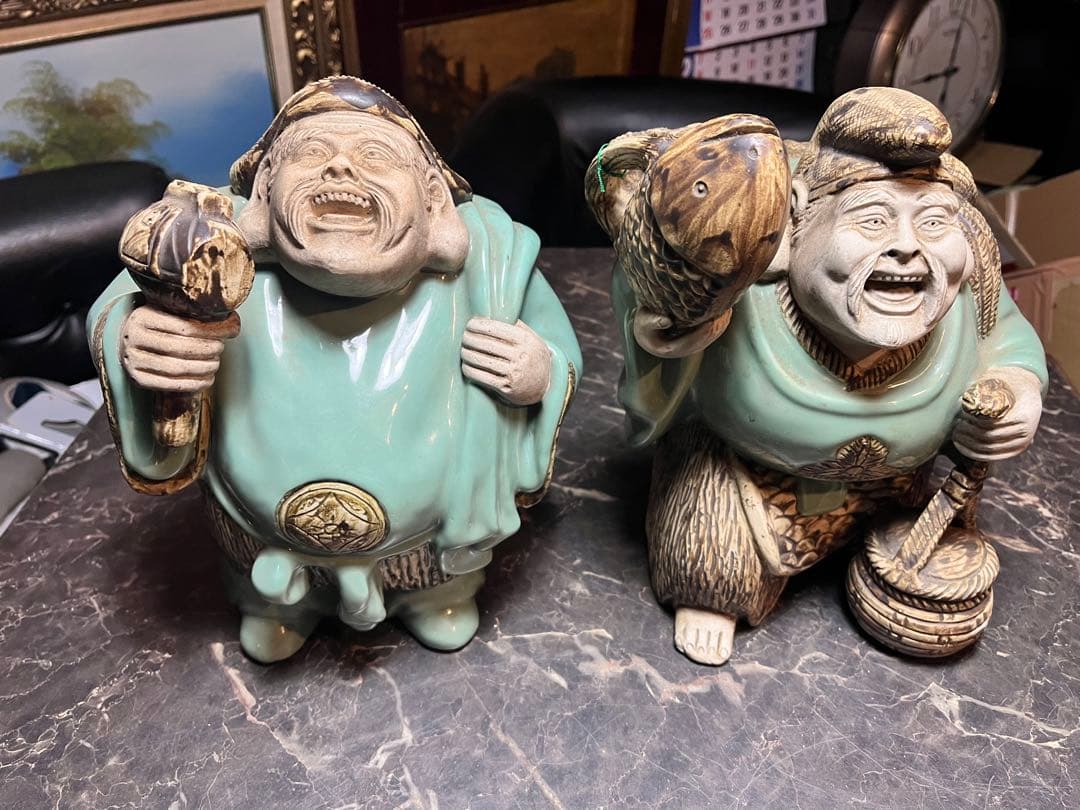 大黒天大黒様 恵比寿様、 明治時代の青磁 貴重な1対 七福神　 青磁 陶器製