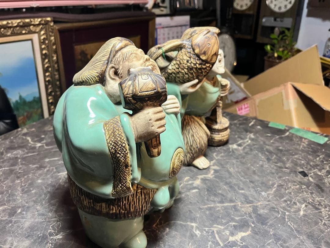 大黒天大黒様 恵比寿様、 明治時代の青磁 貴重な1対 七福神　 青磁 陶器製