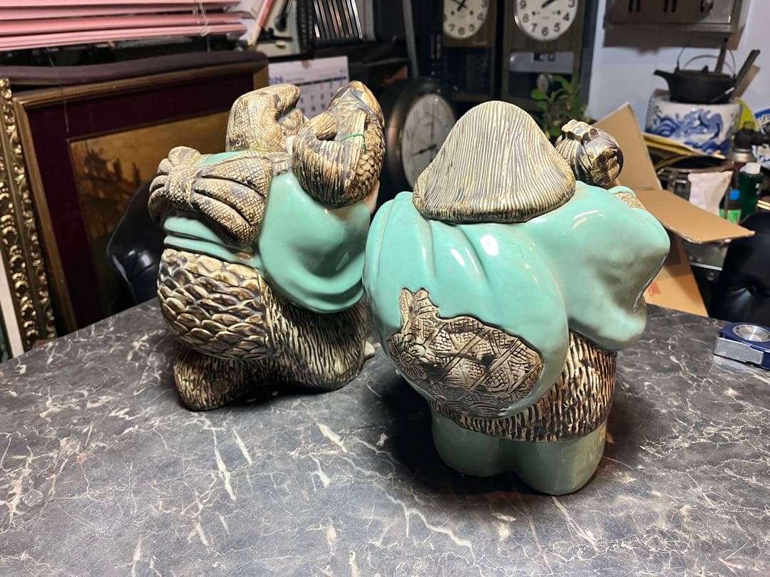 大黒天大黒様 恵比寿様、 明治時代の青磁 貴重な1対 七福神　 青磁 陶器製