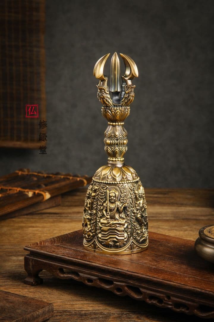【修縁堂】密教法具 ブロンズ色 五大明王金剛鈴 真鍮製 仏教法具