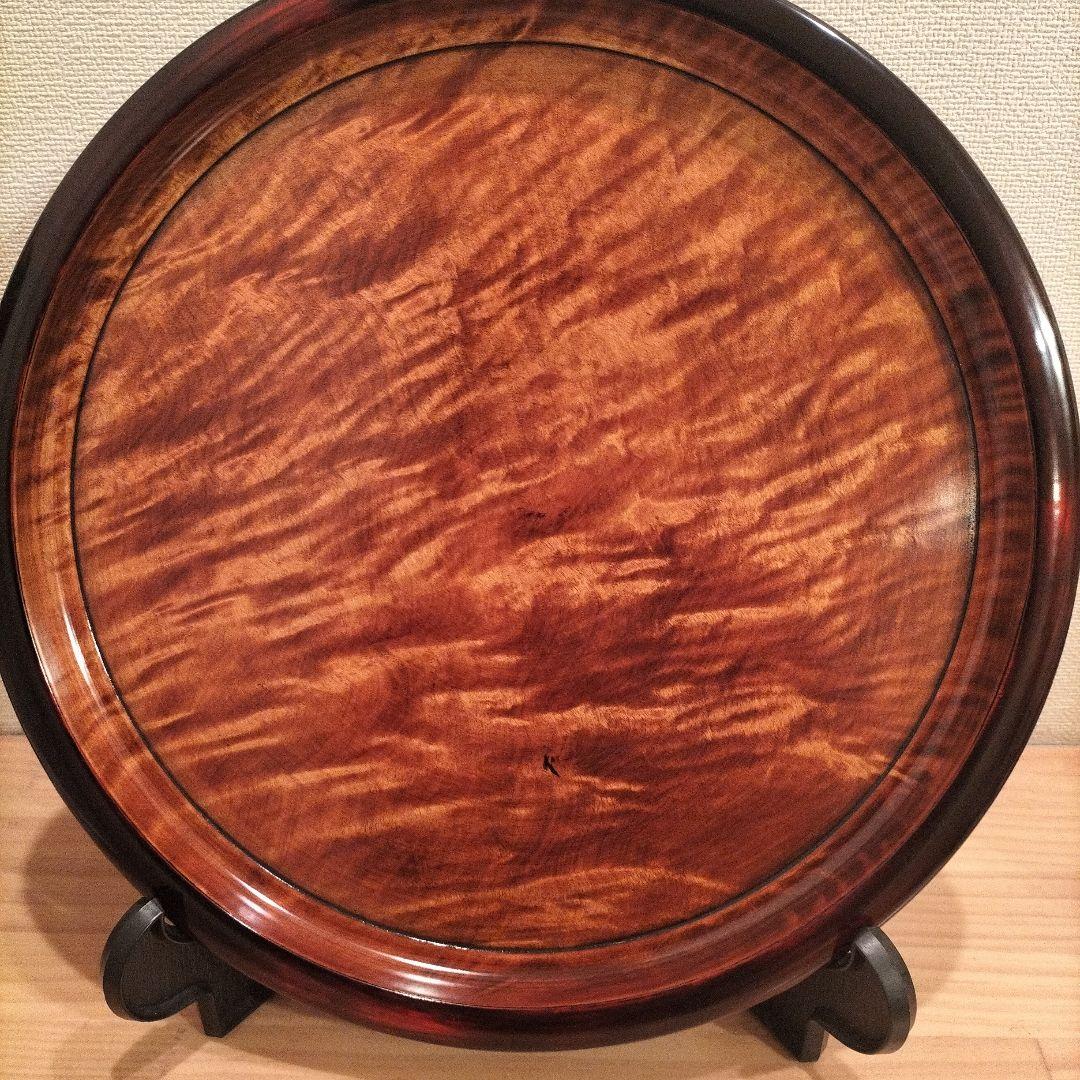 岡山　烏城彫　銘木　素塗り　丸盆