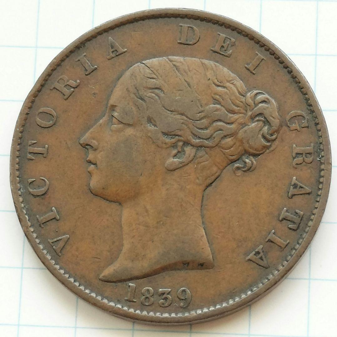 マン島1/2ペニー銅貨（ヴィクトリア女王ヤングヘッド）三脚巴 1839年