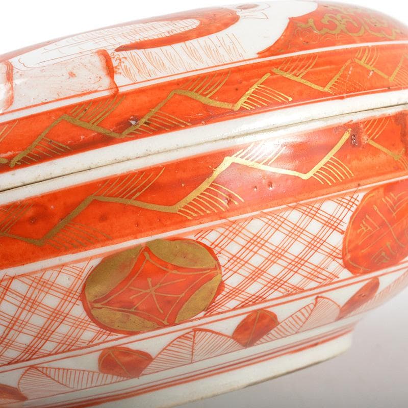 九谷焼　古九谷　赤絵金彩　雲龍山水人物文　蓋物　時代箱付　D　R6009