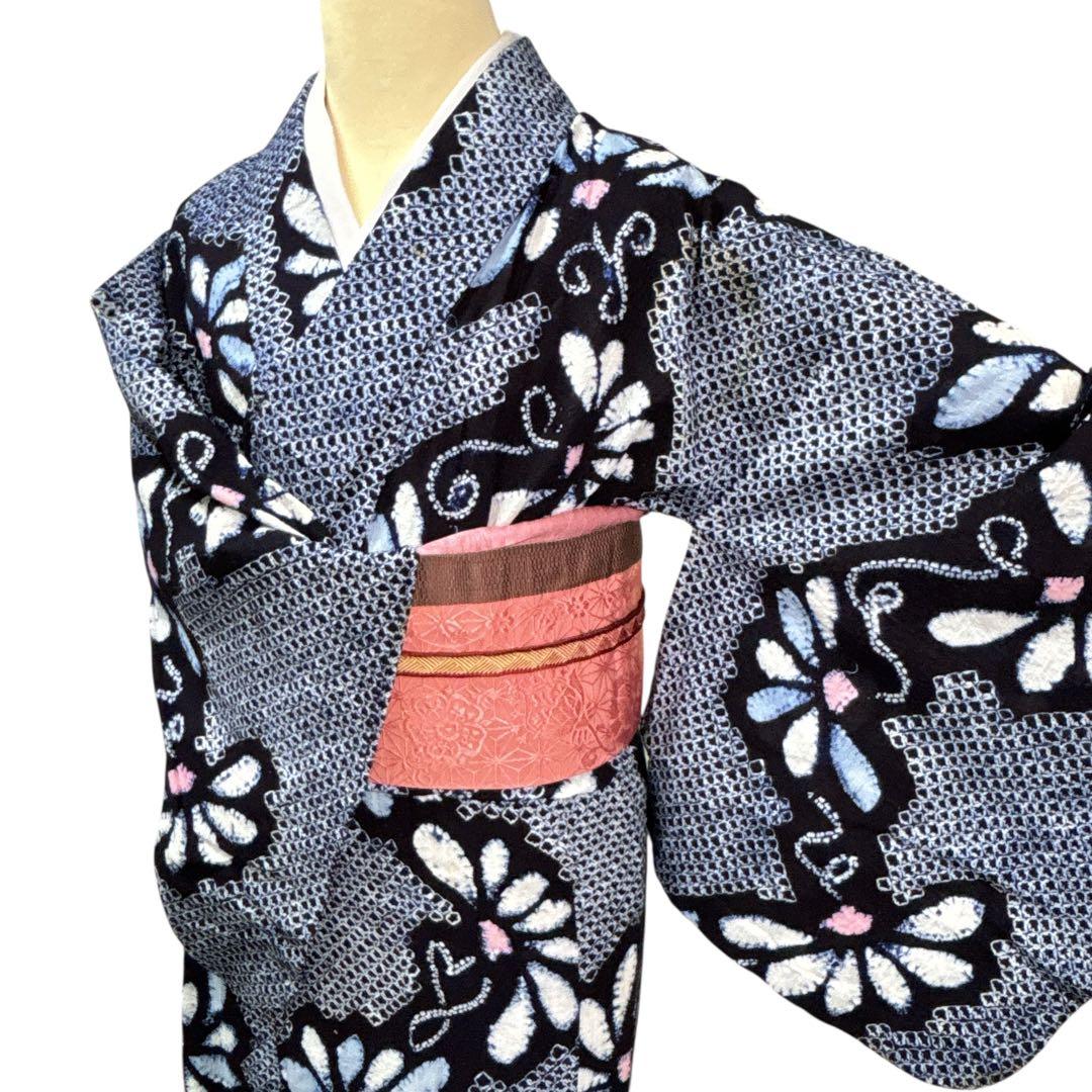 A73有松鳴海絞り 高級浴衣 花 綿　夏着物