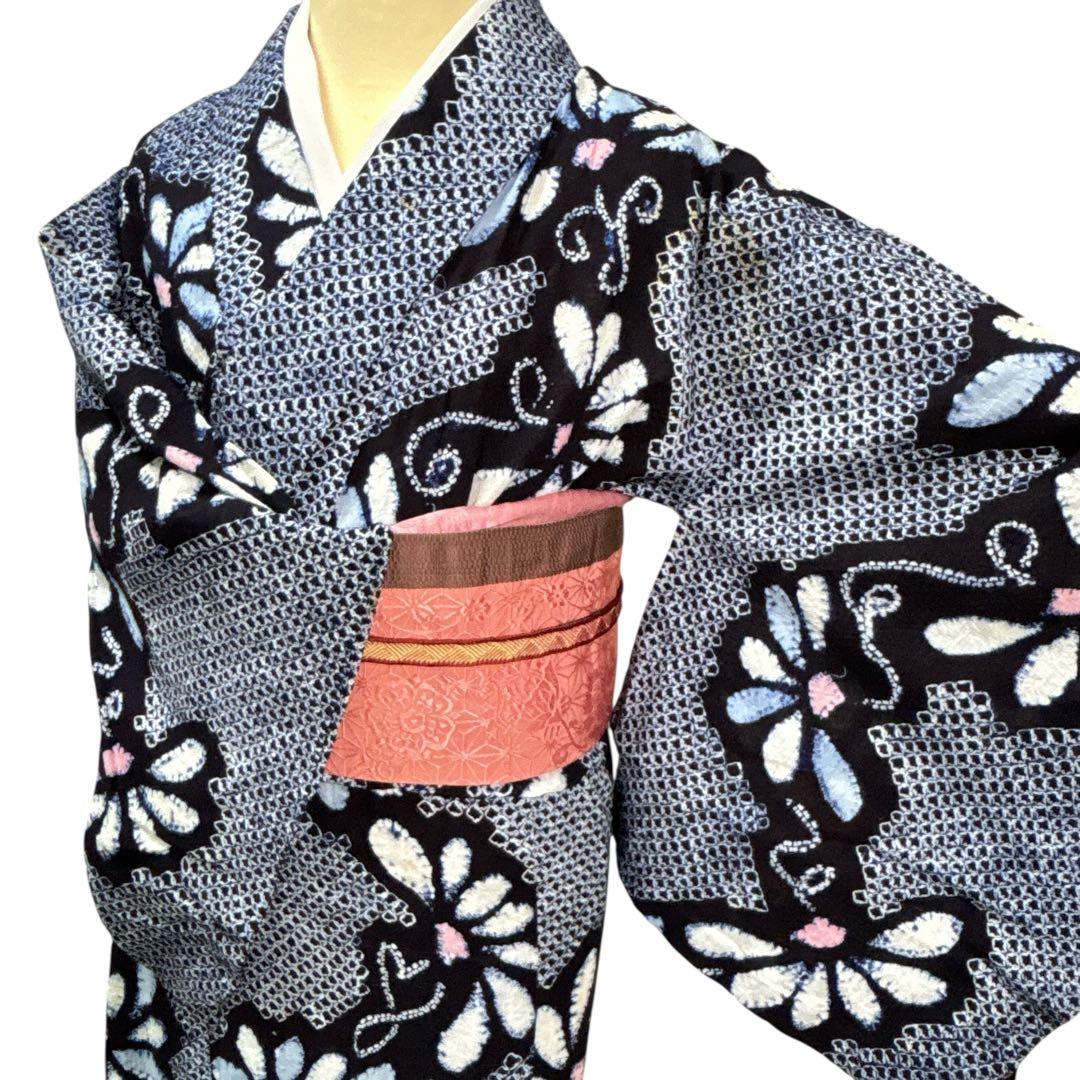 A73有松鳴海絞り 高級浴衣 花 綿　夏着物
