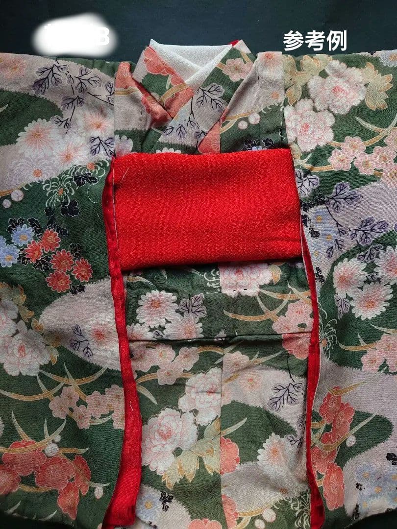 市松人形の着物　薄手の縮緬　振り袖　古布　袷　比翼付き　15号52cm用　緑系