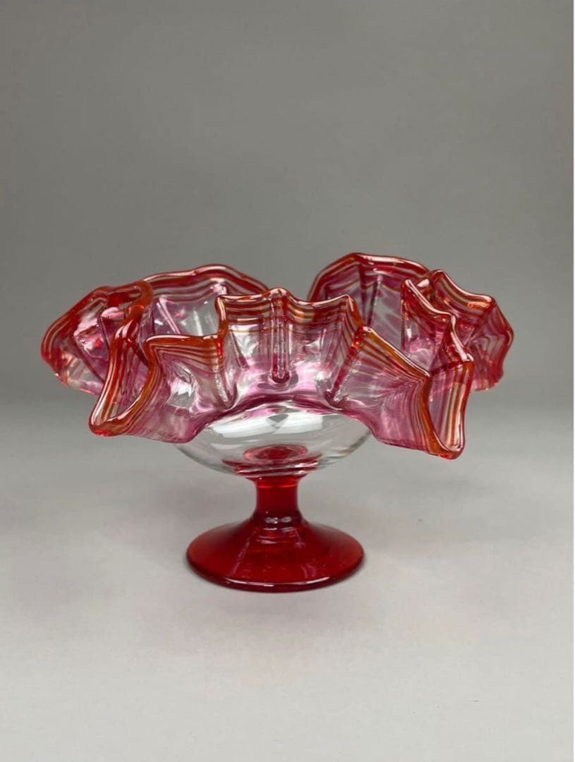 明治期 氷コップ 和ガラス 硝子 赤フリルガラス 色ガラス 手捻り 気泡有り