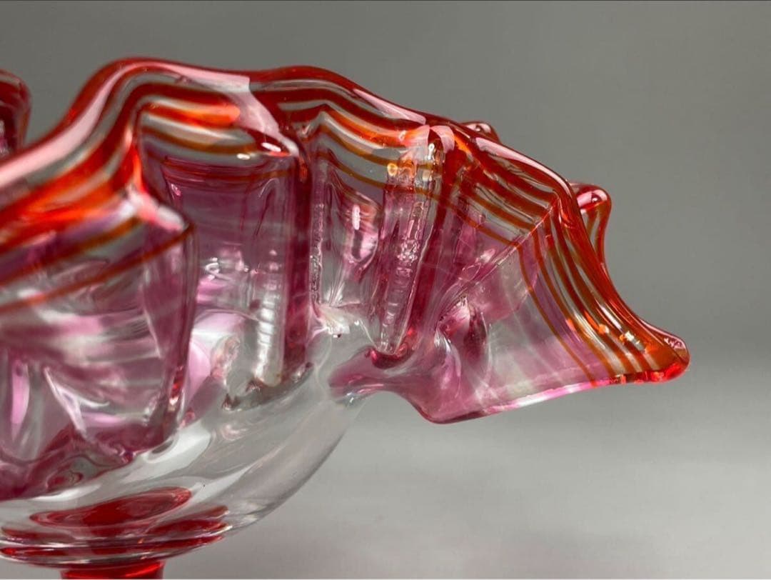 明治期 氷コップ 和ガラス 硝子 赤フリルガラス 色ガラス 手捻り 気泡有り