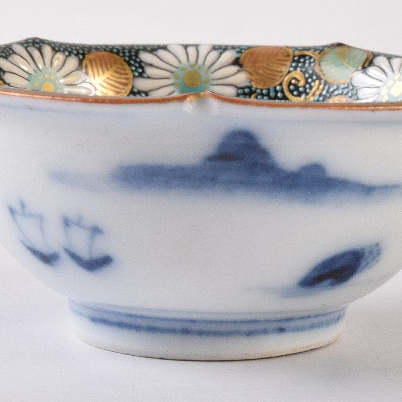 九谷焼　九谷錦盛堂　赤絵金彩　人物文　一對　青粒　花文　酒盃3客　V　R8183