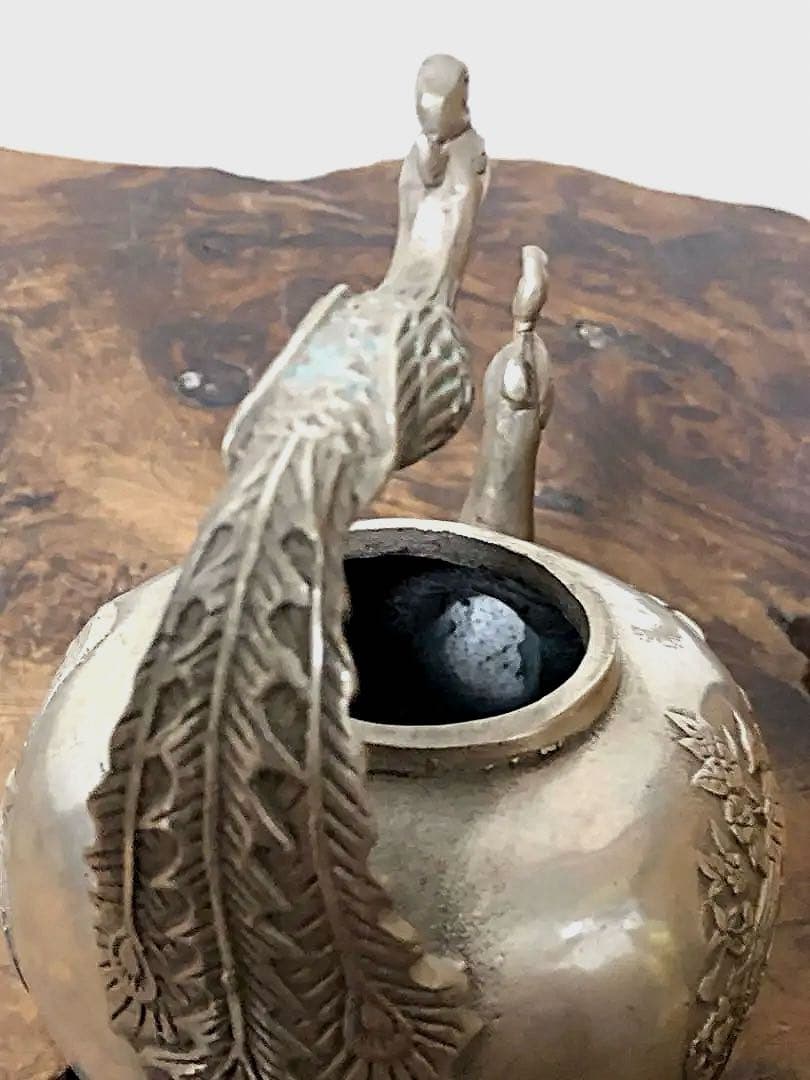 中国美術 白銅 鳳凰草花刻紋 急須 大明宣徳年製