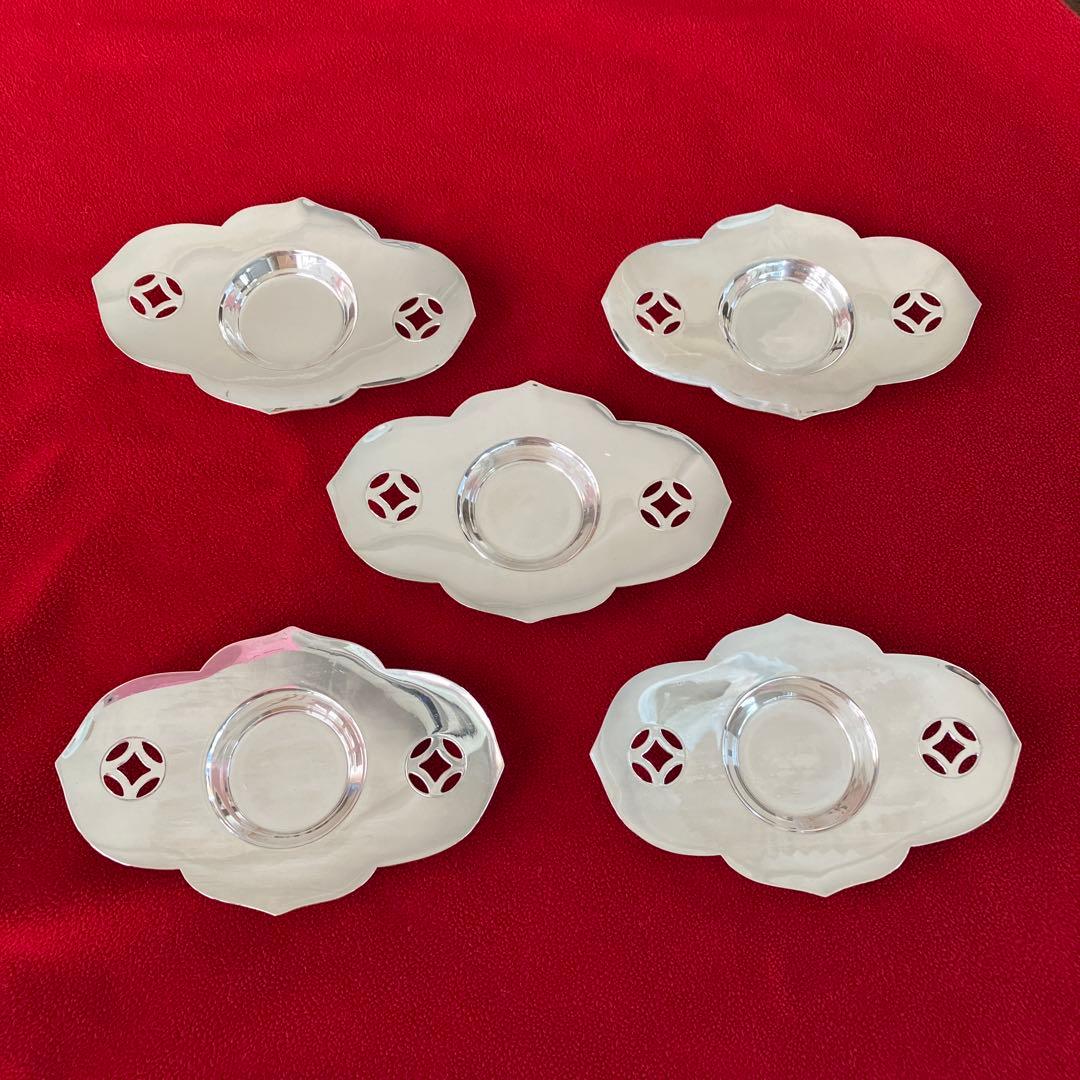 純銀　茶托　木瓜型　七宝透　5客セット　250g 隆昌　刻印　未使用　共箱