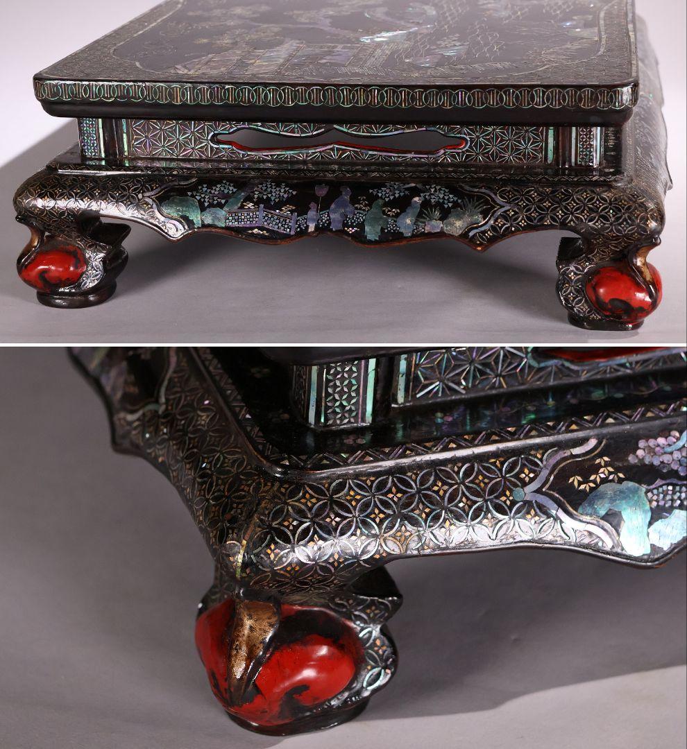 時代唐物 青貝螺鈿細工 楼閣人物 平卓 花台 香炉台 58cm 木製【MA624