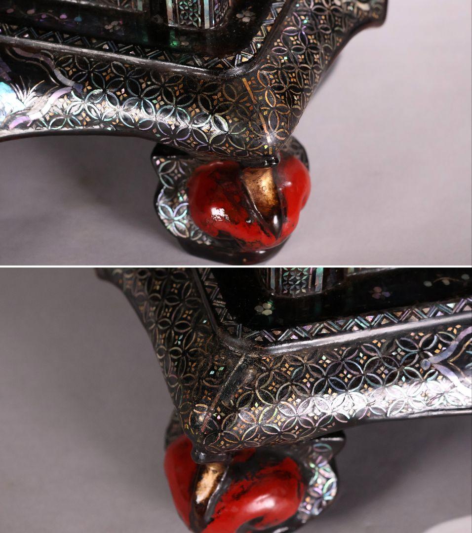 時代唐物 青貝螺鈿細工 楼閣人物 平卓 花台 香炉台 58cm 木製【MA624