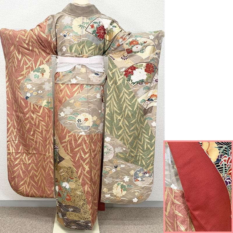 507z19☆振袖 重ね衿付 古典柄 金駒刺繍 金彩 地紋☆美品 成人式 結婚式