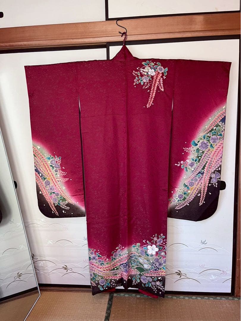 【正絹 振袖】美品✨ えんじ系　花柄　金彩