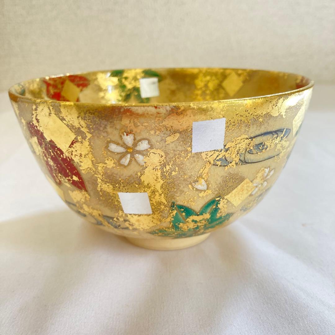 平井覚山　金箔立田川　茶碗