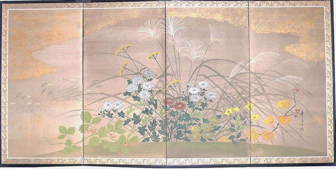 四つ折り屏風　日本画　和紙に金粉彩色　秋草(ハギ・ススキ)