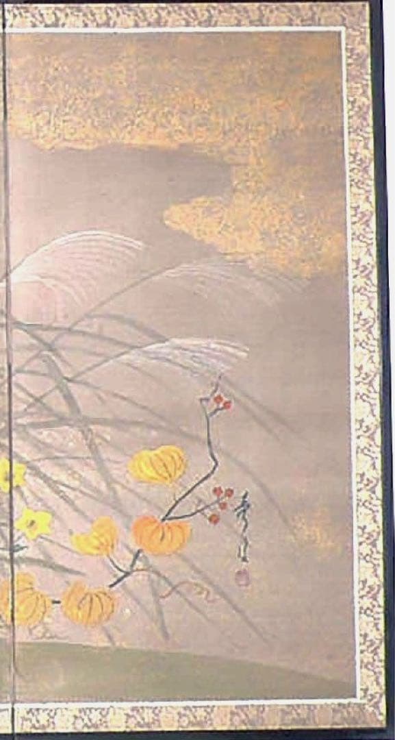 四つ折り屏風　日本画　和紙に金粉彩色　秋草(ハギ・ススキ)