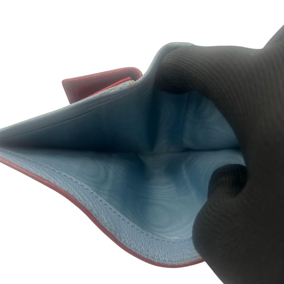 希少カラー miu miu マドラスラブ 二つ折り財布 ハート 水色×赤 レザー