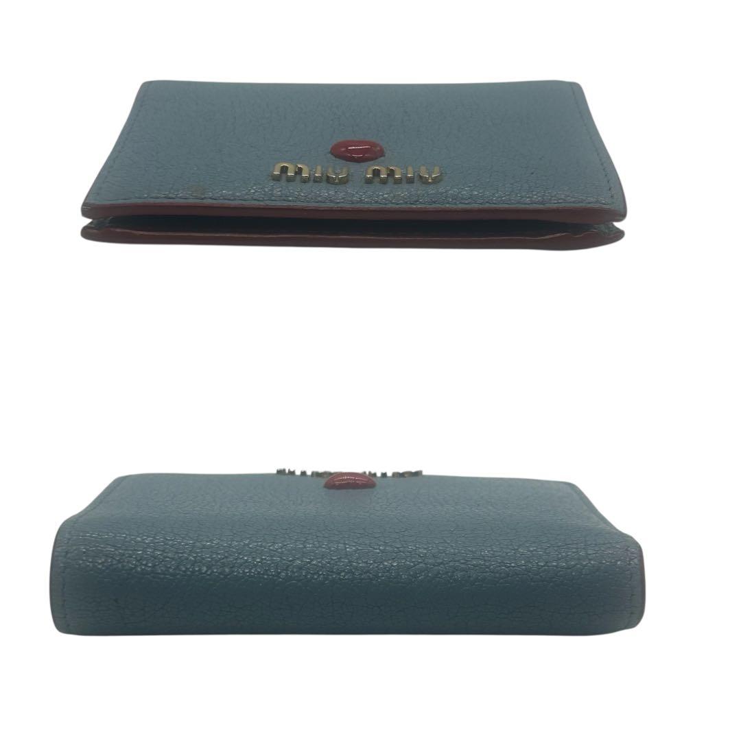 希少カラー miu miu マドラスラブ 二つ折り財布 ハート 水色×赤 レザー