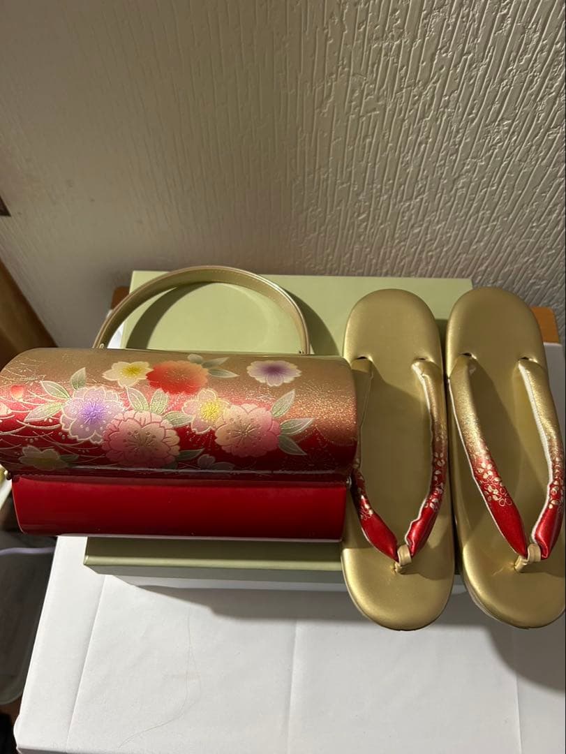 花柄ゴールド 草履バックセット　LL振袖　成人式　華やか