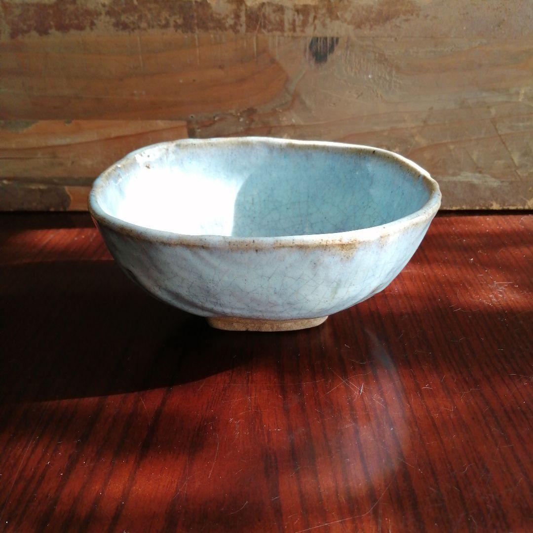 瀬戸焼　加藤春岱　俵形碧釉茶碗　15cm　幕末～明治期