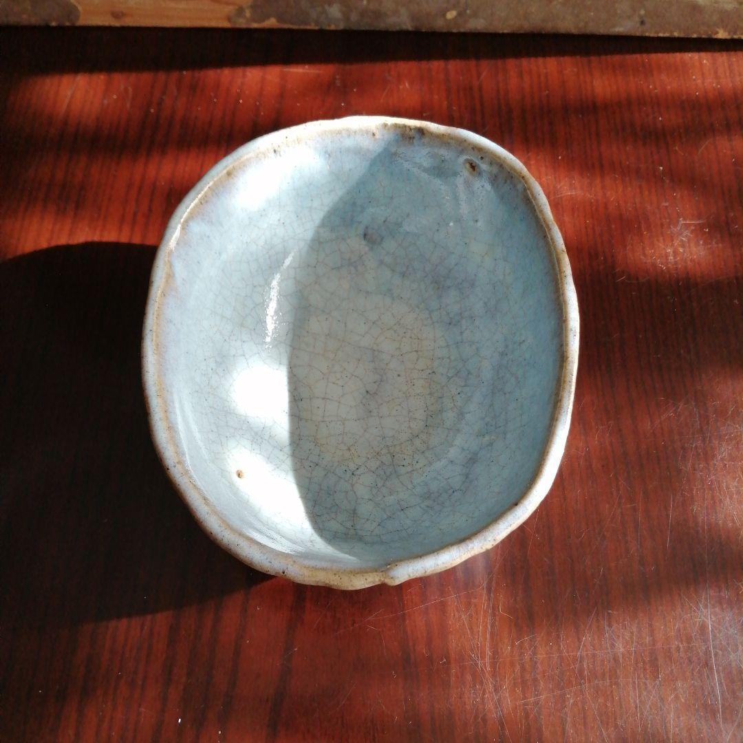 瀬戸焼　加藤春岱　俵形碧釉茶碗　15cm　幕末～明治期