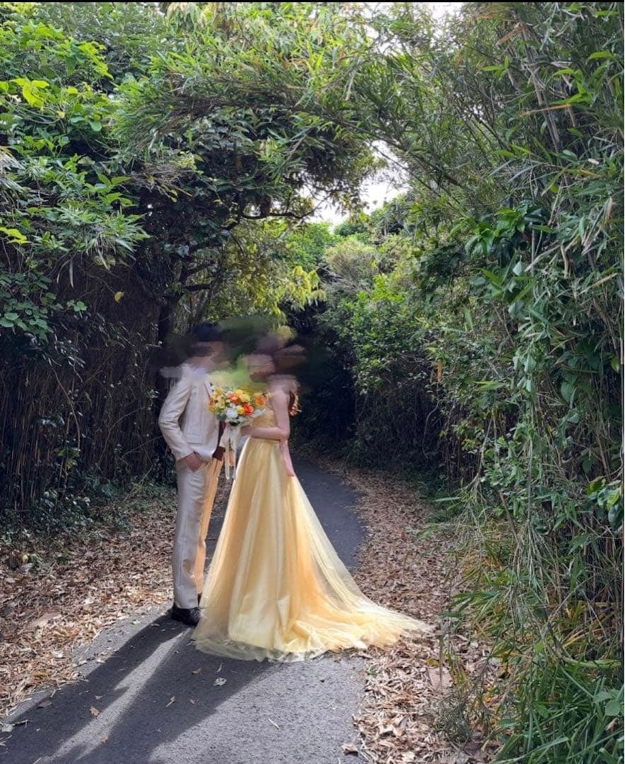 前撮り　ドレス　リボン付き　イエロードレス