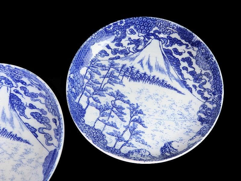 古伊万里　型刷り印判　染付　富士に龍の図　５寸皿　２枚　F175 AS-fbqv