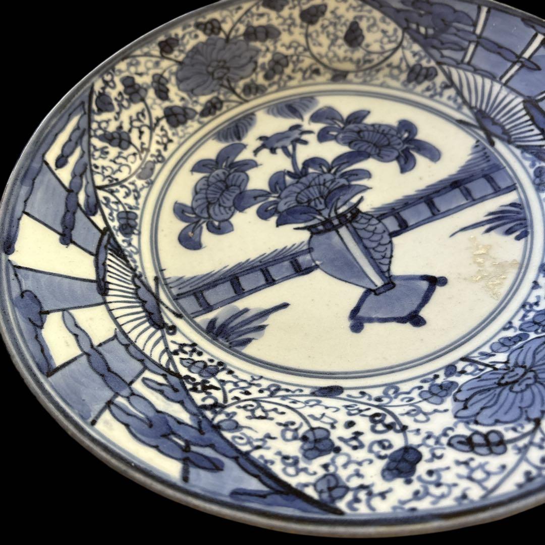 【古伊万里】江戸後期 染付花文 皿 青花磁器 和骨董 飾り皿 アンティーク