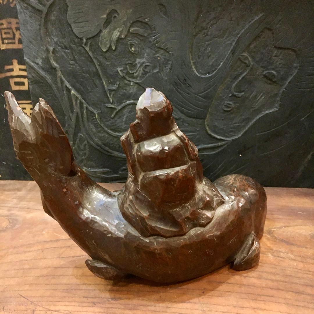 骨董 木彫り像 鯉 仙人