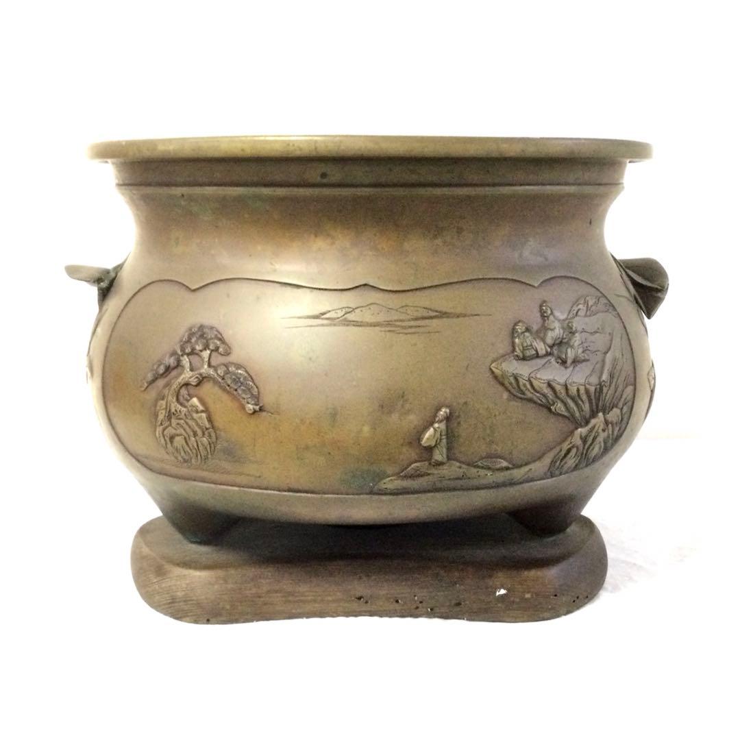 時代物 古銅製 瓶掛火鉢 大香炉三足 古木台座 大型 B634