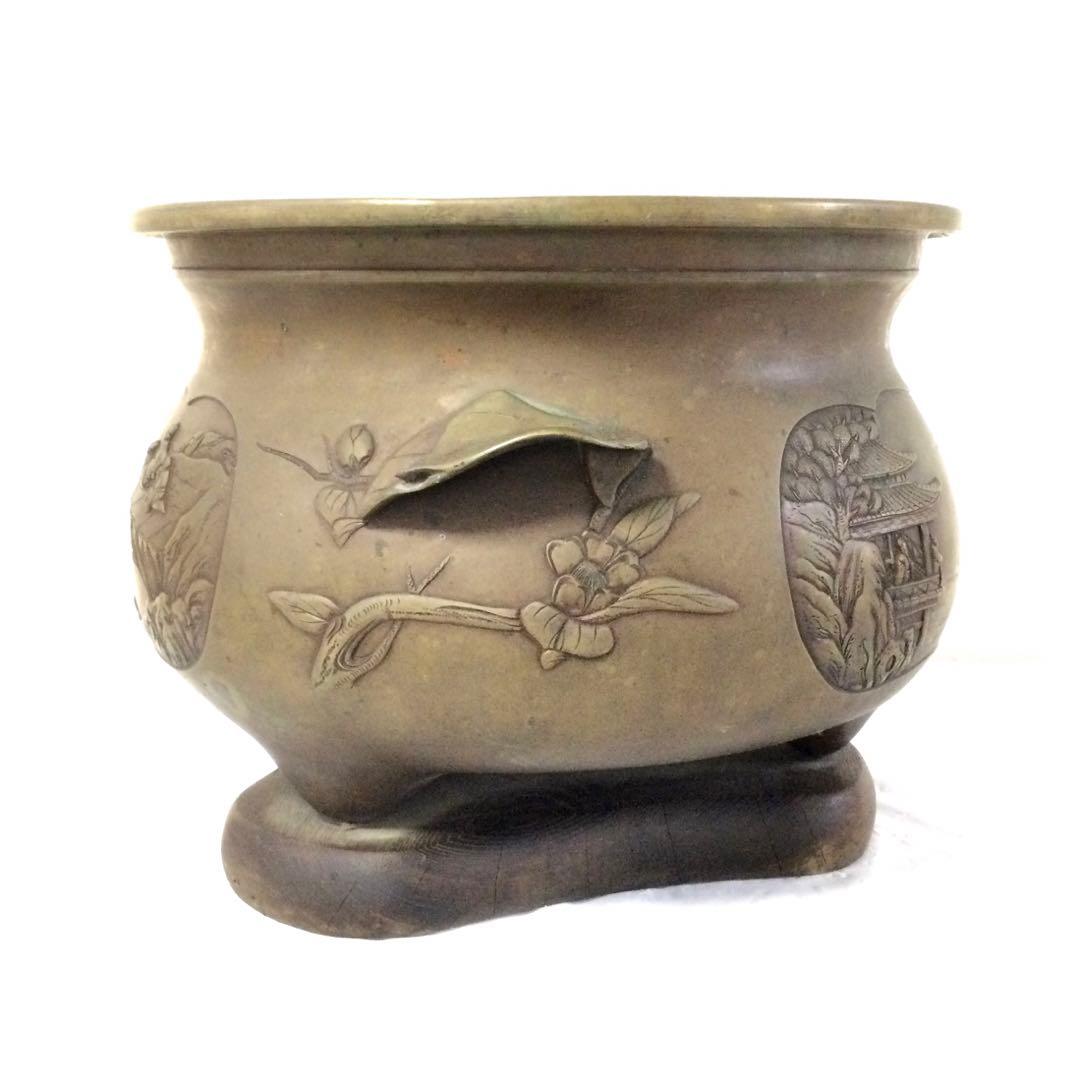 時代物 古銅製 瓶掛火鉢 大香炉三足 古木台座 大型 B634
