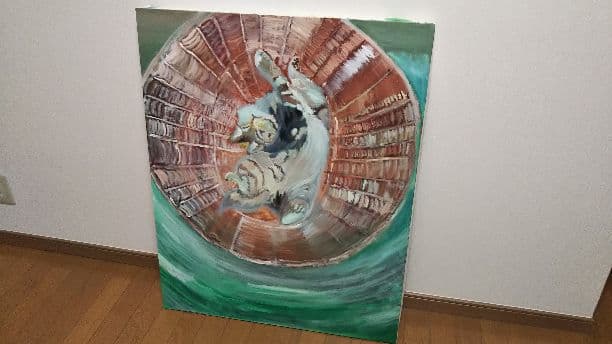 油絵  キッチン眠る猫  【送料無料】