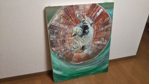 油絵  キッチン眠る猫  【送料無料】