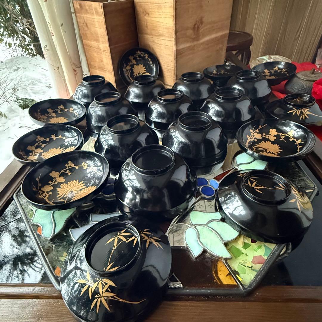 2199様感謝‼️かろやかJAPAN時代蒔絵 豪華四君子富士山形吸物椀5客