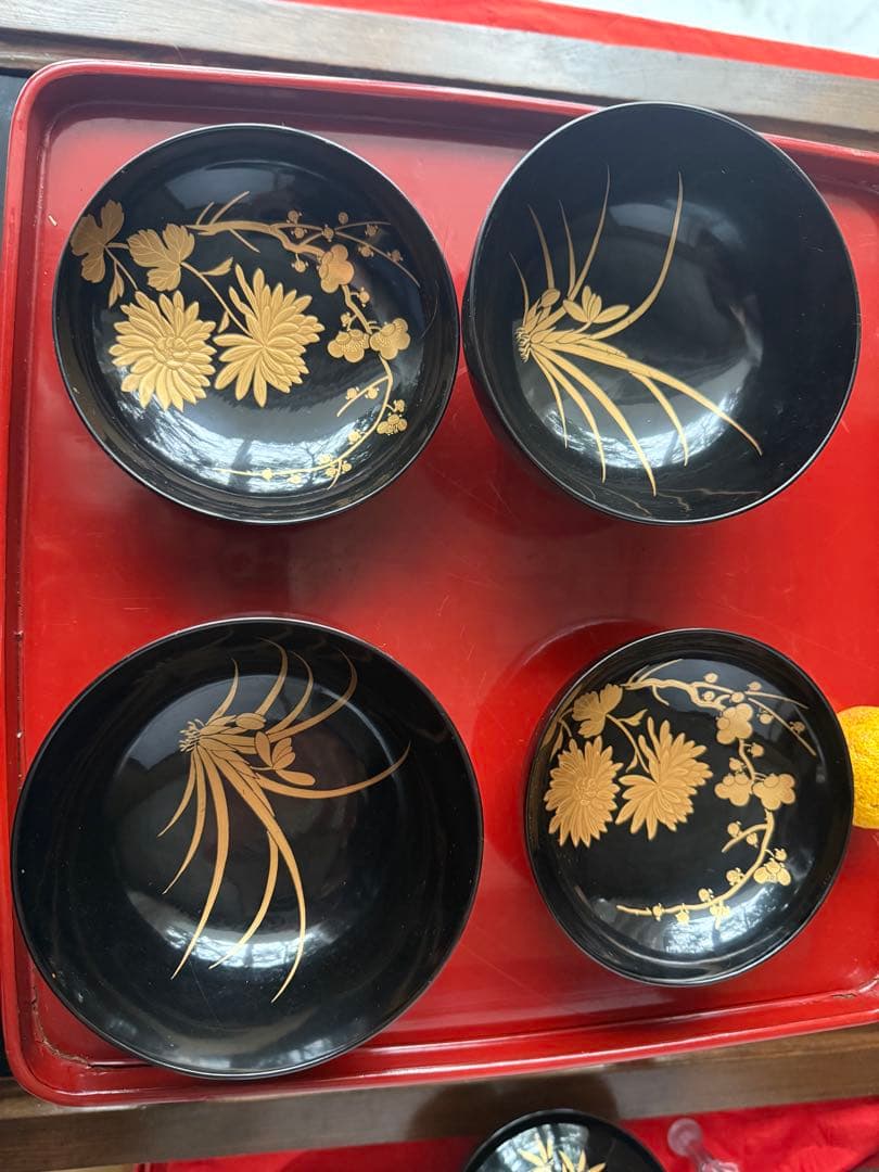 2199様感謝‼️かろやかJAPAN時代蒔絵 豪華四君子富士山形吸物椀5客