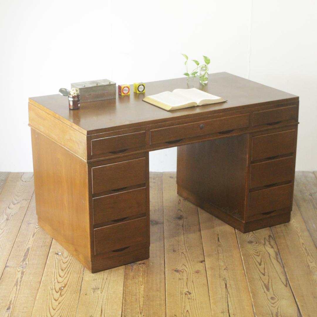 レトロ 両袖デスク 机 書斎 作業台 引き出し 抽斗 9杯 分割可能 木製