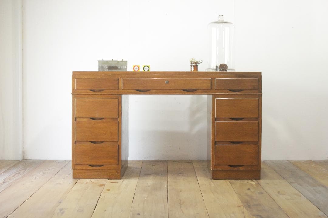 レトロ 両袖デスク 机 書斎 作業台 引き出し 抽斗 9杯 分割可能 木製