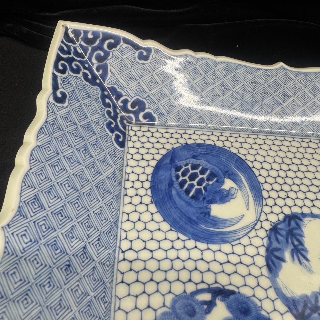 古伊万里 希少 角皿 染付松竹梅鶴亀紋絵飾り皿 手描き アンティーク 骨董