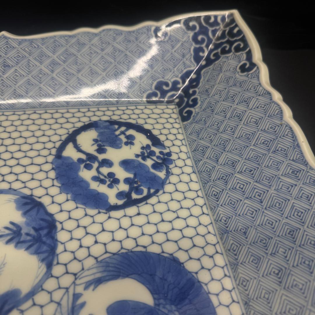 古伊万里 希少 角皿 染付松竹梅鶴亀紋絵飾り皿 手描き アンティーク 骨董