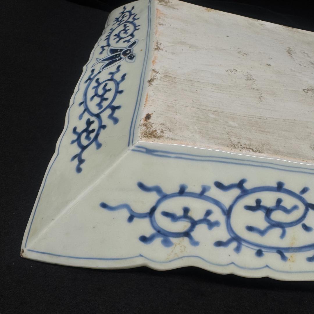 古伊万里 希少 角皿 染付松竹梅鶴亀紋絵飾り皿 手描き アンティーク 骨董