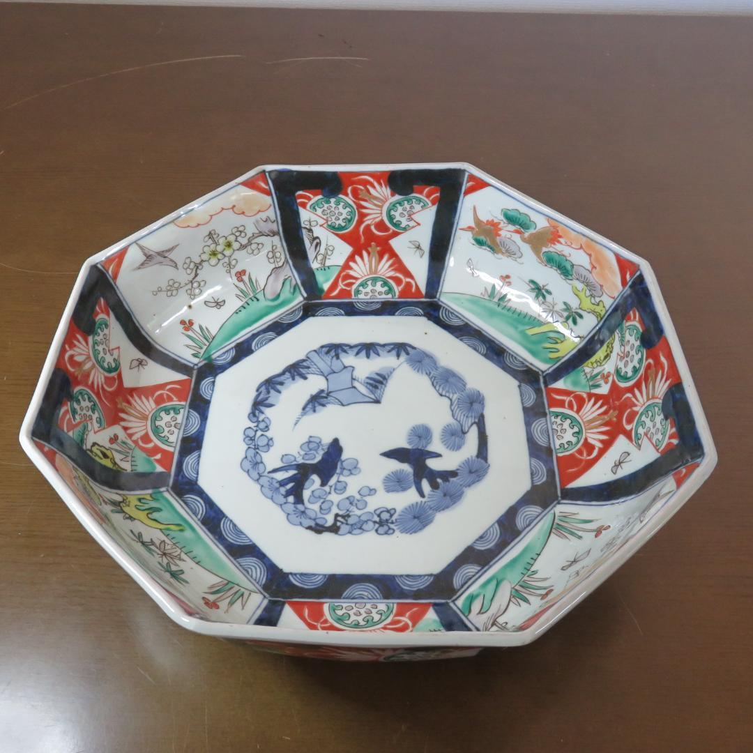 角鉢 八角鉢 伊万里 松竹梅 鳥 蝶 窯傷 歪み 明治前後
