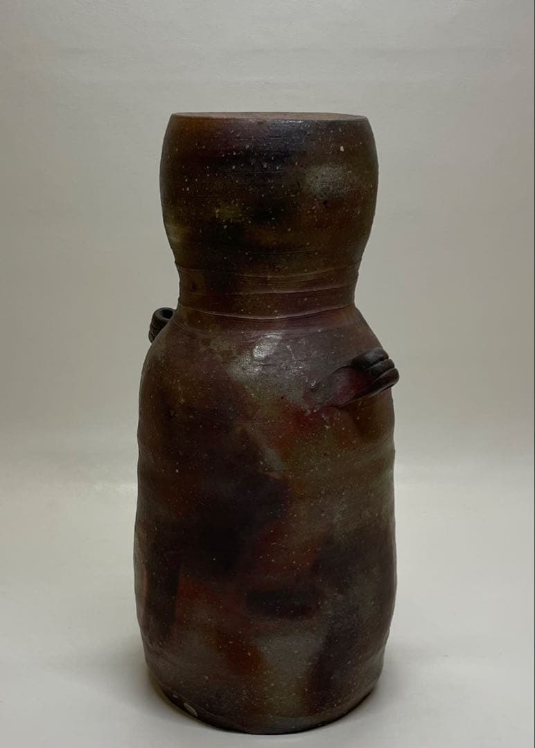 県指定重要無形文化財　金重道明　備前焼　耳付花入　共箱 　　　y16