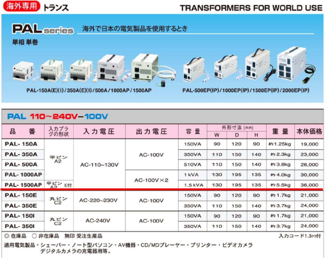 【未使用品】 海外用トランス PAL-1500AP スワロー電機